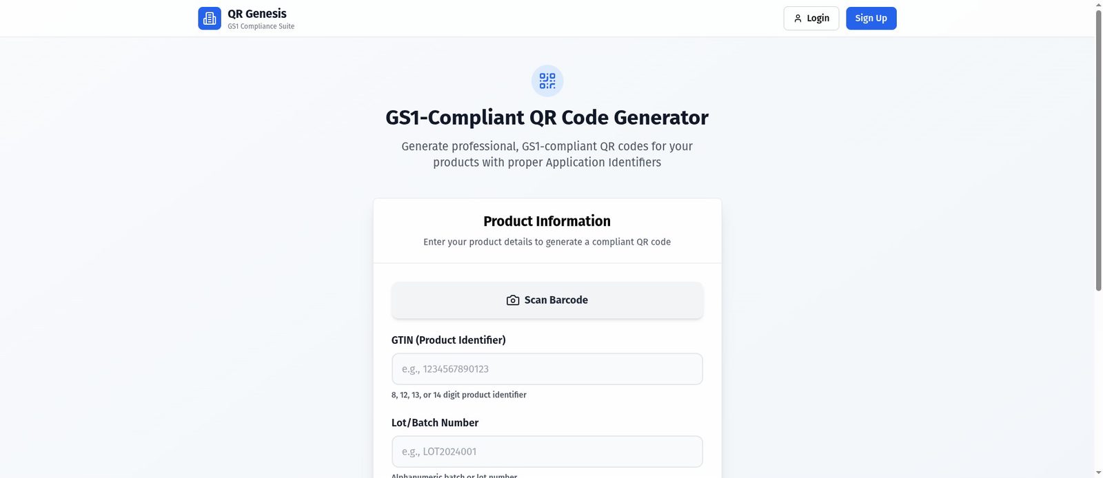 Formulario del generador de QR GS1